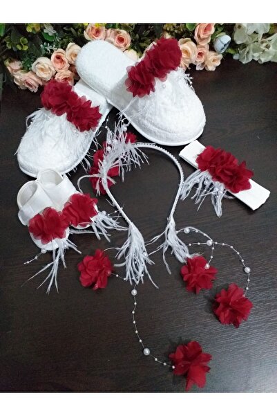 CT MODA Red Pearl Stoned Floral Maternity Crown, Slippers, Bandana, Baby Boot...