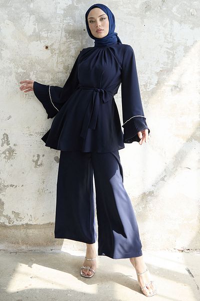 InStyle Πλισέ Μανίκι Ζώνη Διπλό Σετ - Navy Blue
