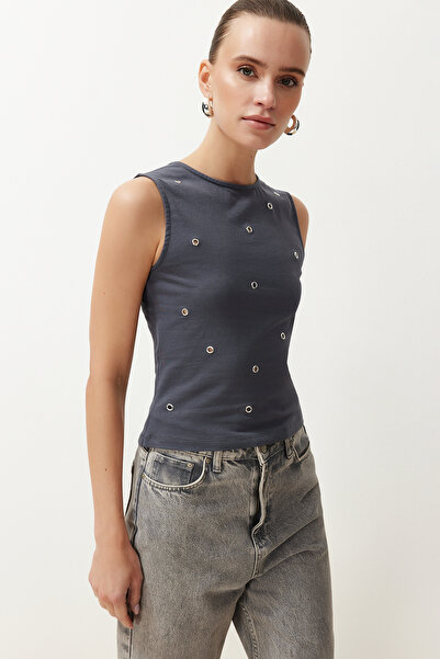 Trendyol Collection Anthracite Fitted/Body-Sitting Bicycle Collar Kul Eye Det...