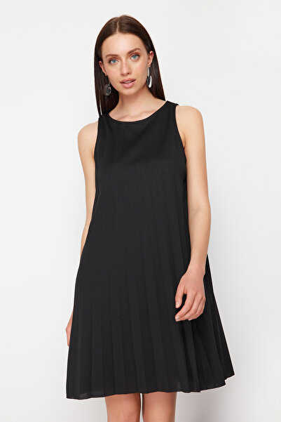 Trendyol Collection Black Pleated A-line/Bell Form Lined Stretchy Knitted Mini Dress TWOSS24EL00786