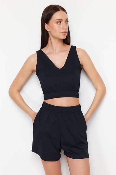Trendyol Collection Navy Blue V-Neck Crop Blouse and Shorts Set - TWOSS24AU00058