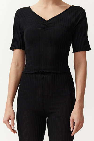 Trendyol Collection Black V-Neck Gather Detailed Ribbed Stretchy Knitted Blouse and Trousers Bottom-Top Set TWOSS24AU00100
