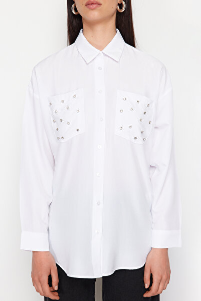 Trendyol Collection Ecru Oversize Woven Shirt - Pocket Stone Detail, Wide Fit TWOSS24GO00162