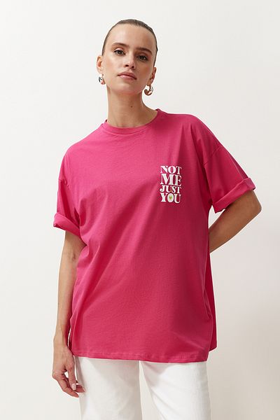 Trendyol Collection Tricou tricotat, 100% bumbac, 100% bumbac, imprimat pe spate și față, supradimensionat/confortabil TWOSS24TS00235