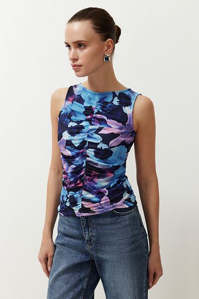Trendyol Collection Μπλε αφηρημένο μοτίβο Πουκάμισο/Drape Λεπτομερής πλεκτή μπλούζα κανονική/κανονική εφαρμογή TWOSS24BZ00544