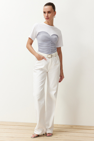 Trendyol Collection Gray Color Blocked Fitted/Fitted Short Sleeve Stretch Knitted Blouse with Shirring Detail TWOSS24BZ00421