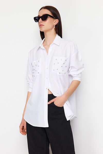Trendyol Collection Ecru Oversize Woven Shirt - Pocket Stone Detail, Wide Fit TWOSS24GO00162