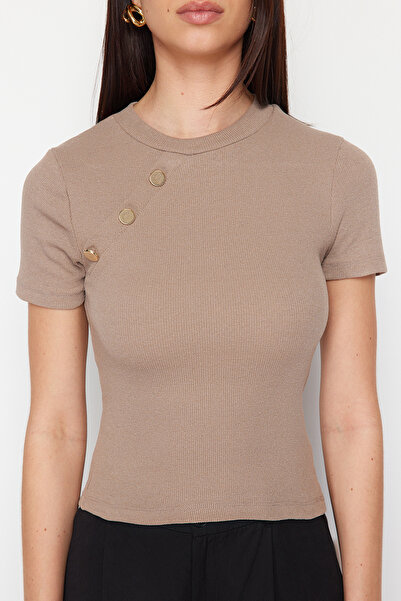 Trendyol Collection Λεπτομερής πλεκτή μπλούζα με μινκ με ραβδώσεις με ραβδώσεις/εφαρμογή ελαστική πλεκτή TWOSS24BZ00536