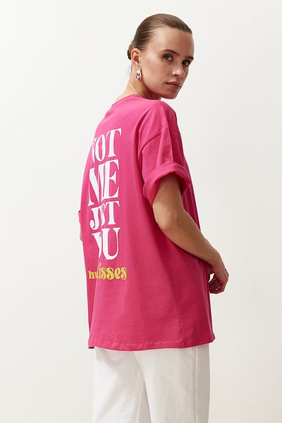 Trendyol Collection Tricou tricotat, 100% bumbac, 100% bumbac, imprimat pe spate și față, supradimensionat/confortabil TWOSS24TS00235