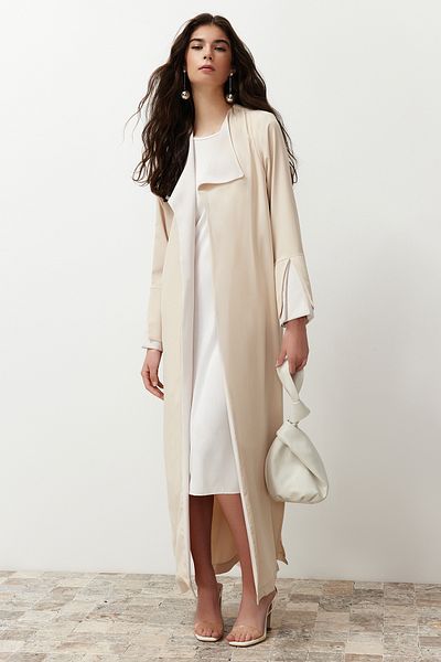 Trendyol Modest Steinfarbene, lange, gewebte Aerobin-Kappe & Ferace & Abaya TCTSS24KF00011