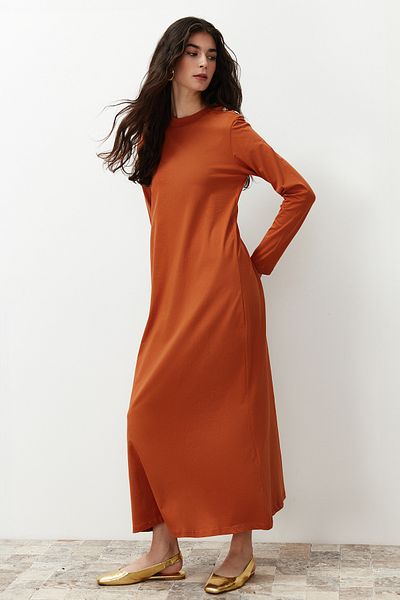 Trendyol Modest Коричнева сукня на ґудзиках з детальним ормом TCTSS23EB00291