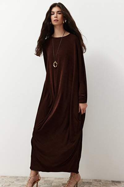 Trendyol Modest Πλεκτό Oversize Καφέ Καφτάν Φόρεμα - TCTSS24EB00037