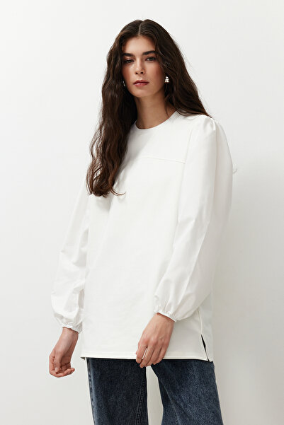 Trendyol Modest Πλεκτό λευκό φούτερ από Ποπλίνα - TCTSS24UK00041