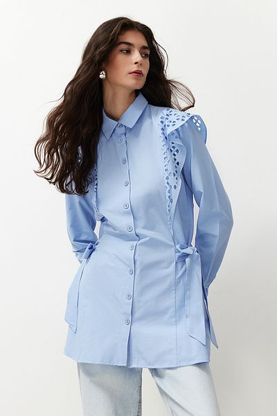 Trendyol Modest Cămașă din bumbac brodat albastru deschis TCTSS24TG00004