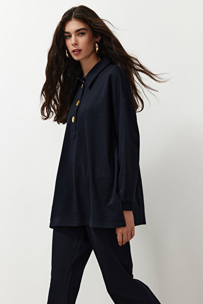 Trendyol Modest Polo Collar Oversize Black Bottom-Top Set - Bottom: Knitted, Top: Knitted, Button Detailed TCTSS24US00057