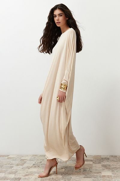 Trendyol Modest Πλεκτό Καφτάνι Oversize Πέτρινο - TCTSS24EB00037