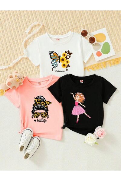 SAVO GİYİM تي شيرت أطفال كبير الحجم مطبوع عليه السعادة باللون الوردي والأبيض ...