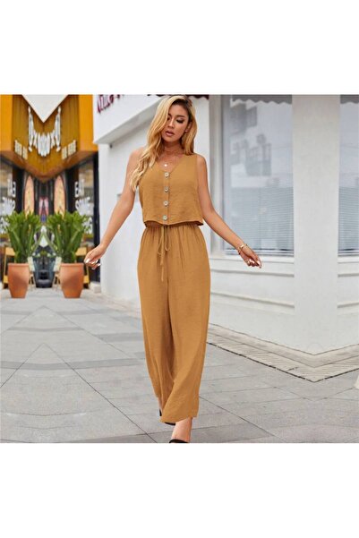 ModaWiser المرأة القطن الكتان سترة فضفاضة الساق السراويل زوجين مجموعة Camel