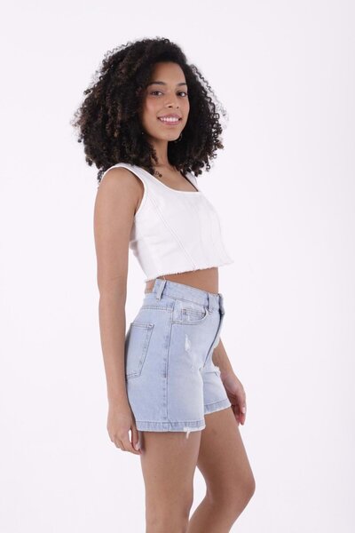 RICHMOST Yıpratma Detaylı Cepli ve Astarsız Kısa Boy Yüksek Belli Mom Fit Kadın Şort Buz Mavi Yaz / Bahar