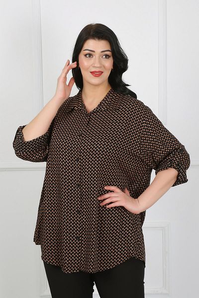 By Alba Collection Дамска памучна вискозна риза с кафяви шарки с голям размер