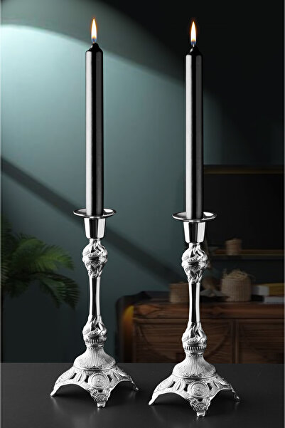 WuuQ Lüx Dekoratif 2 Li  Şamdan , Mumluk - Gümüş Renk