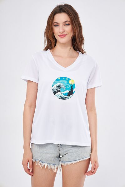 Moda Işık Αθλητικό T-shirt Λευκό Χρώμα V-λαιμόκοψη Χειμερινό εμπριμέ ύφασμα Kappa