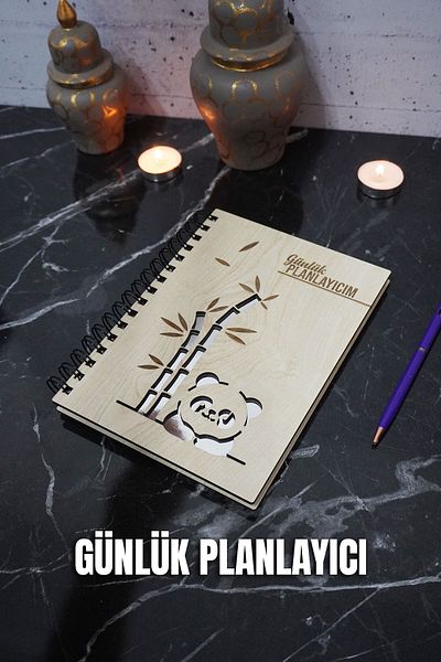 markcat Caiet de planuri din lemn Panda - Agenda nedatat - Planificator zilnic - Caiet A5 pentru planificator fără timp