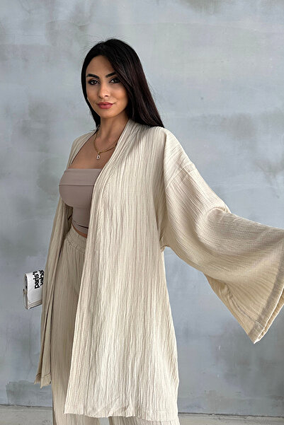 Ortaya Çık Σετ κιμονό σε μπεζ Seersucker