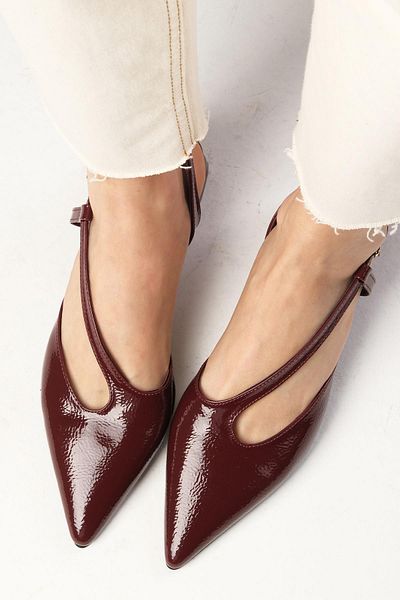 Mio Gusto Annie Burgundy Color Patent Leather Pointed Toe Open Back Women's Short Heeled Shoes