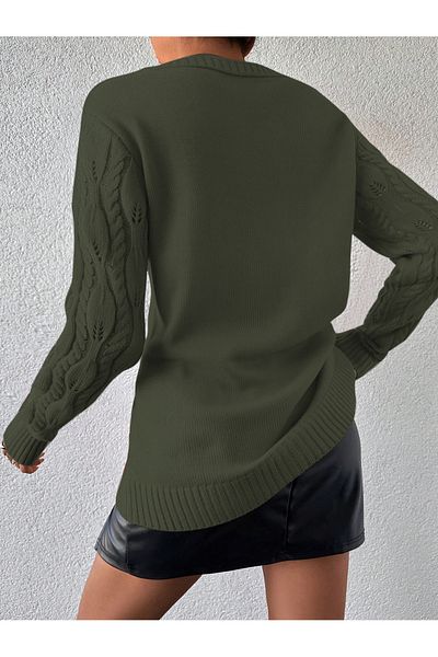 AQE FASHION Women's Crew Neck Leaf Patterned Openwork Khaki Knitwear Sweater