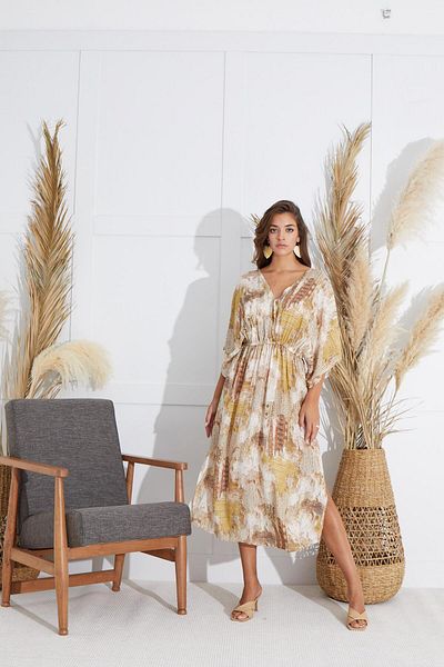 Sevim Rochie lungă cu model cu mânecă scurtă pentru femei C1T6N6O51