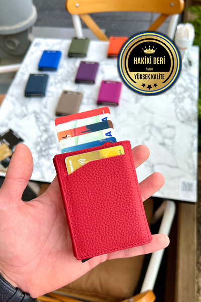 CüzCan Kırmızı Hakiki Deri Mekanizmalı Kartlık Cüzdan (isme Özel Kişiselleşti...