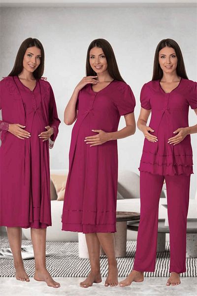 CT MODA Fuchsia Women's Pajamas Set - Waist Adjustable, Cotton, Pregnant and Maternity Dressing Gown, Nightgown Set of 4