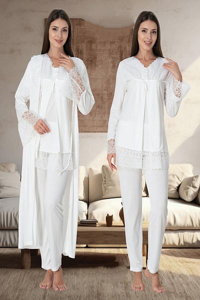 CT MODA Ecru Lace Cotton Maternity Pajamas and Dressing Gown Set - Set of 3