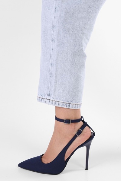 Shoeberry Women's Mila Navy Blue Satin Belted Ankle Stiletto