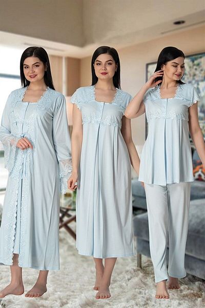 CT MODA Set de rochii și pijamale de maternitate și de maternitate cu mâneci prințesă din bumbac albastru - Set cămașă de noapte