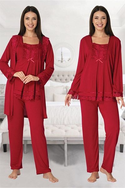 CT MODA Effort Women's Fuchsia Lace Skirted Cotton Maternity Pajamas Set with Dressing Gowns