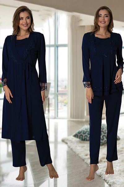 CT MODA Effort Navy Blue Adjustable Waist Pajamas and Dressing Gown Set for Maternity and Pregnant Women