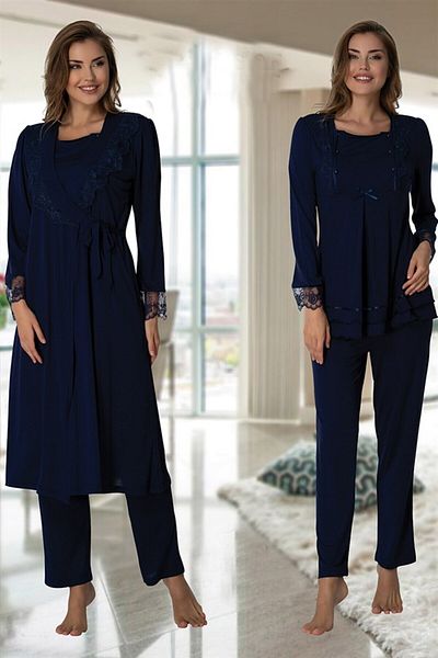 CT MODA Navy Blue Lace Cotton Maternity and Maternity Pajamas and Dressing Gown Set