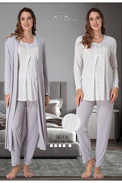 CT MODA Patterned Long Sleeve Cotton Maternity and Maternity Pajamas and Dressing Gown Set