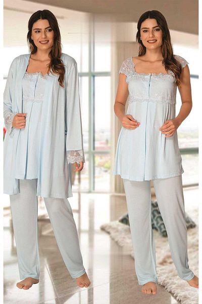 CT MODA Set pijamale și halat de maternitate cu dantelă albastră