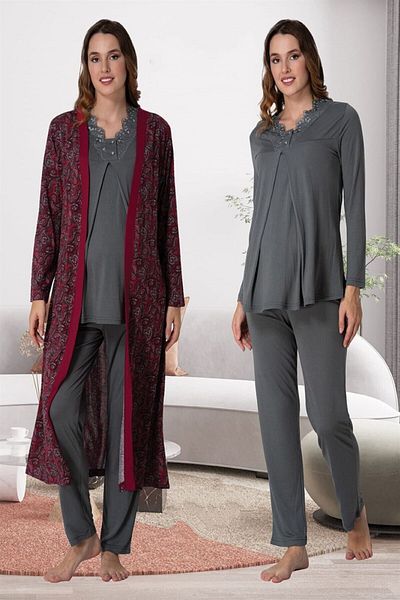 CT MODA Smoke Colored Cotton Maternity and Maternity Pajamas and Dressing Gown Set - NUR9058