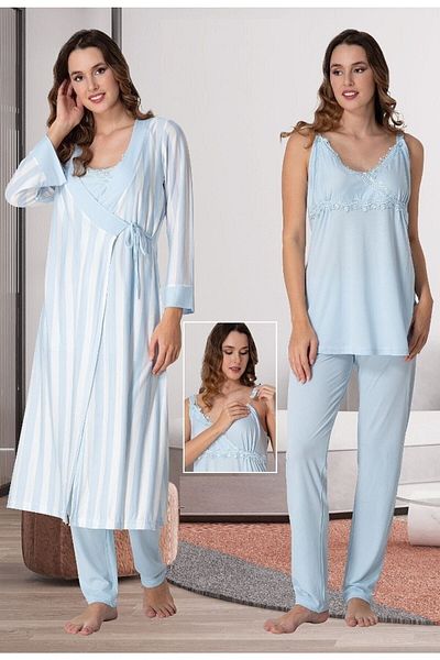 CT MODA Set de rochii și pijamale pentru femei însărcinate și de maternitate cu dungi albastre
