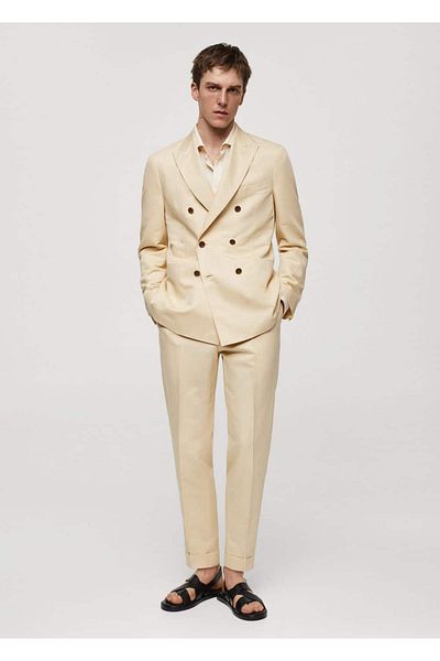 MANGO Man Cotton Linen Double Breasted Blazer Jacket