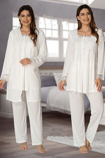 CT MODA Ecru Lace Detailed Maternity and Maternity Pajamas and Dressing Gown Set - Set of 3
