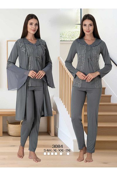 CT MODA Smoke Colored Lace Cotton Maternity and Maternity Pajamas and Dressing Gown Set - 3-Piece