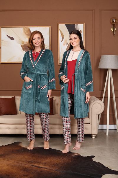 CT MODA Red Velvet Plaid Maternity and Maternity Dressing Pajamas Set - Set of 3