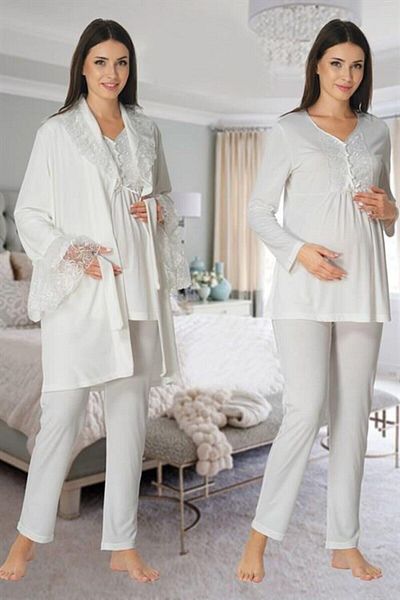 CT MODA Effort Ecru Velvet Maternity Pajamas Set with Dressing Gown