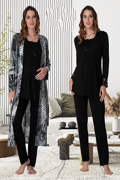 CT MODA Women's Black Patterned Lace Long Sleeve Cotton Maternity Maternity Dressing Gown Pajama Set