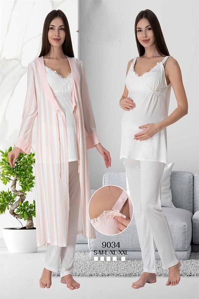 CT MODA Women's Ecru Lace Strap Cotton Maternity Maternity Dressing Gown Pajama Set